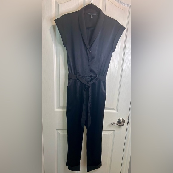 🖤”White House Black Market”Black Satin Jumpsuit w/ Tie Belt V-Neckline & Pockets - Picture 1 of 13
